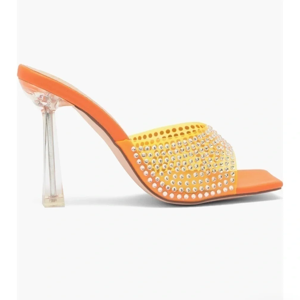 CHASE AND CHLOE Rhinestone Crystal Clear Vamp Strap Slide Mule Heeled Sandal